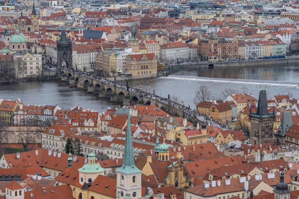 Prague rooftops and the river seen from above